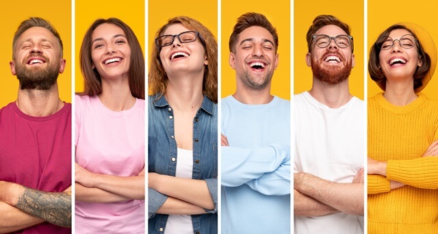 6명의 남녀 상반신을 분할하여 웃는 모습을 보여준다.