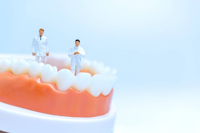 아래 치아모형에 작은 의사 두명이 치아에 서 있다.