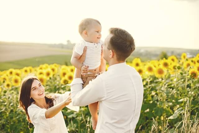 photo-young-family-sunflowers-field-sunny-day